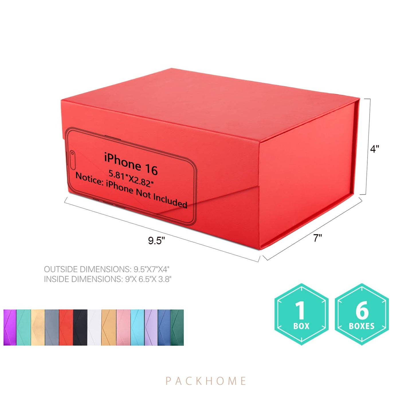PACKHOME Mothers Day 6 Gift Boxes 9x6.5x3.8 Inches, Rectangle Collapsible Boxes with Magnetic Lids for Gift Packaging (Matte Red, Grain Texture)
