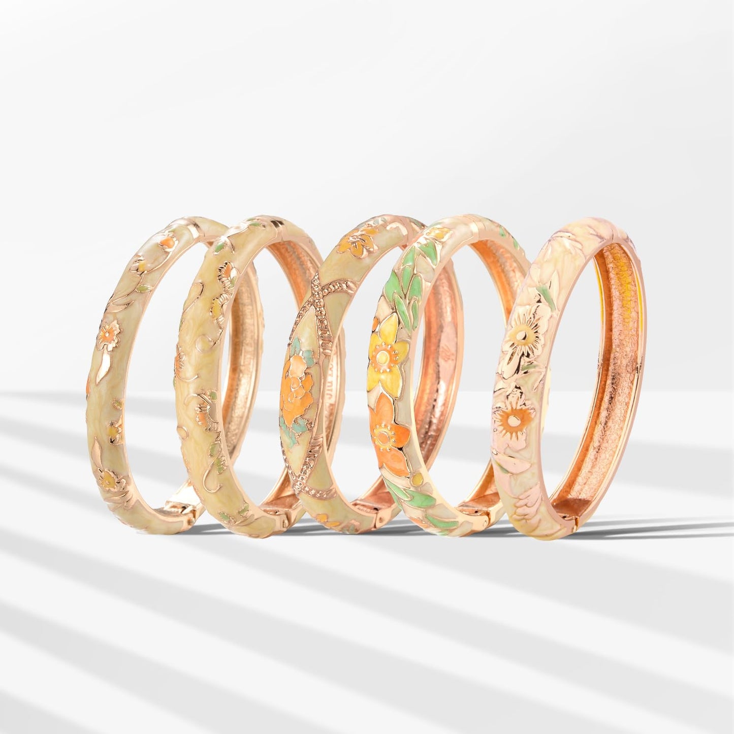 UJOY Bangles 5 Pcs Enamel Jewelry Set Rose Flower Engraved Cloisonne Bracelets Pack in a Box 5PCS Cream Yellow