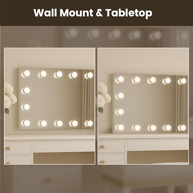 WTTY LED Bathroom Mirror with Lights 60"x28" Hollywood Wall-Mounted Mirror with 3 Color Temperatures, Stepless Dimmable Bulbs, Anti-Fog & Shatter-Proof