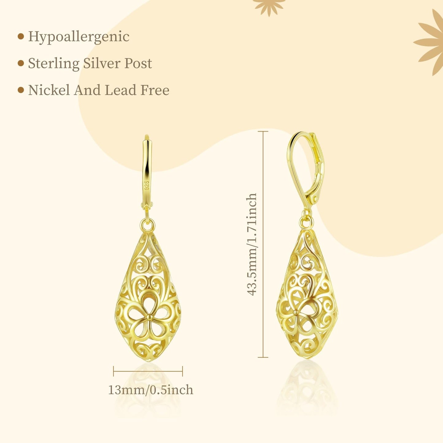 Rhombic 14K Gold Dangle Earrings for Women Hypoallergenic Filigree Leverback Drop Earrings Jewelry Gifts