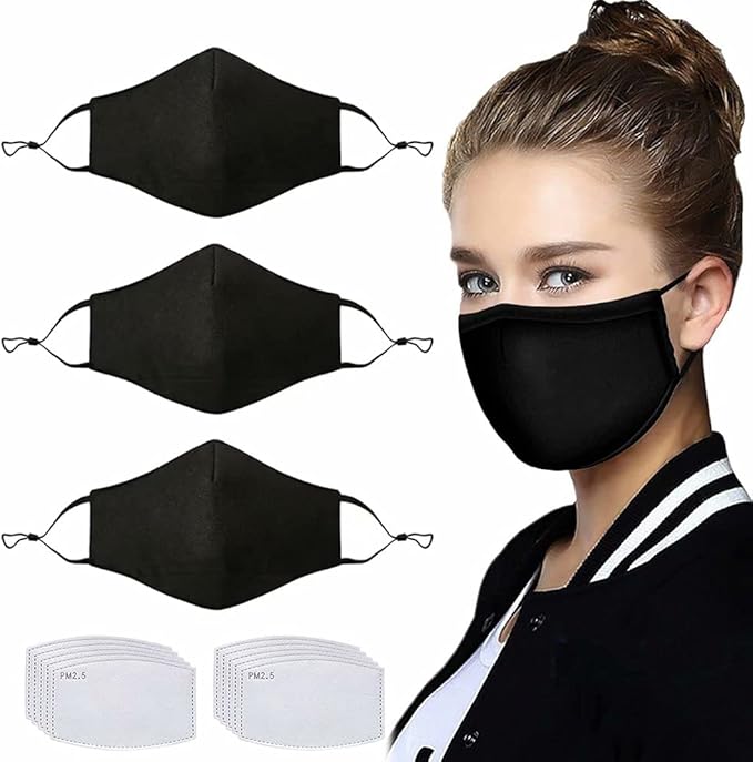 NBDIB Adult Adjustable Face Protection with Filter Pocket and Nose Wire Black Breathable Cloth Mask with 10Pcs Filters