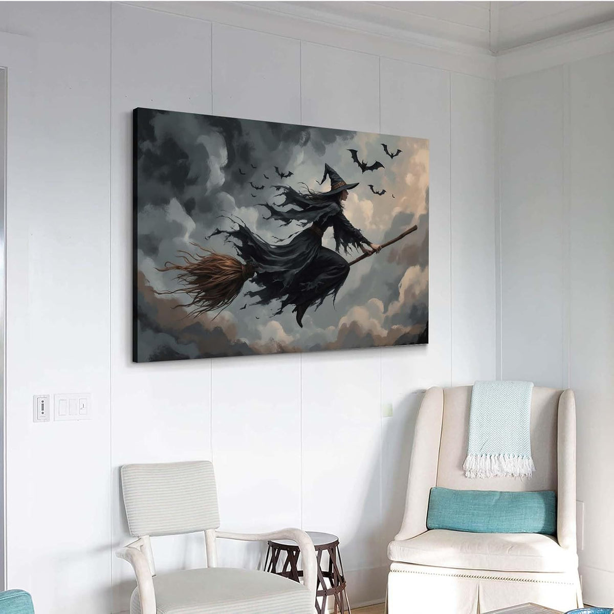 Witch and bat flying Halloween poster suitable for home party wall decoration retro Halloween preppy style wall art canvas print suitable for room decoration12x16in Wood Framed