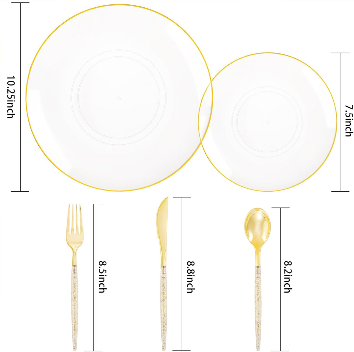 Liacere 150PCS Clear Gold Plastic Plates - Gold Plastic Silverware with Glitter Handle - Clear Disposable Plates Include 30 Guests Plates, Forks, Spoons, Knives for Wedding & Party&Chrismas