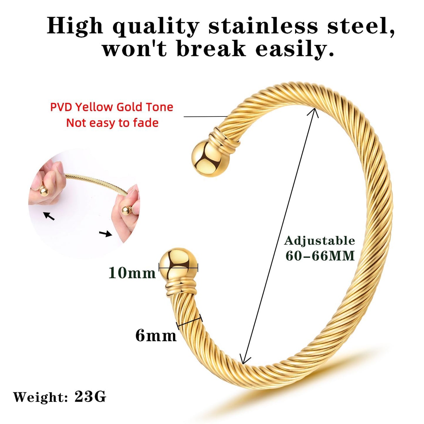 BOLAGTIER Stainless Steel Twisted Cable Wire Bracelets Adjustable Open Cuff Bangle Bracelet Vintage Jewelry Gift for Women (C-Yellow Gold)