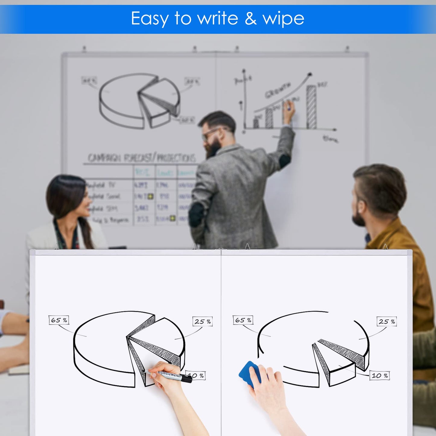 White Board Dry Erase 60 x 36,maxtek Large Magnetic Whiteboard 5' X 3' Dry Erase Board Foldable with Long Marker Tray for Wall-Mounted Aluminum Memo Board Supplies for Class Office & Home
