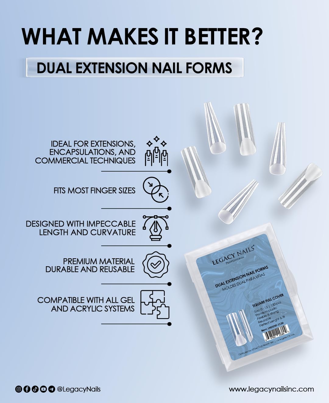 Legacy Nails Professional DUAL EXTENSION NAIL FORM – 130 pcs | Reusable System Nail Molds – Clear – Salon & Home Use (SQUARE FULL COVER)
