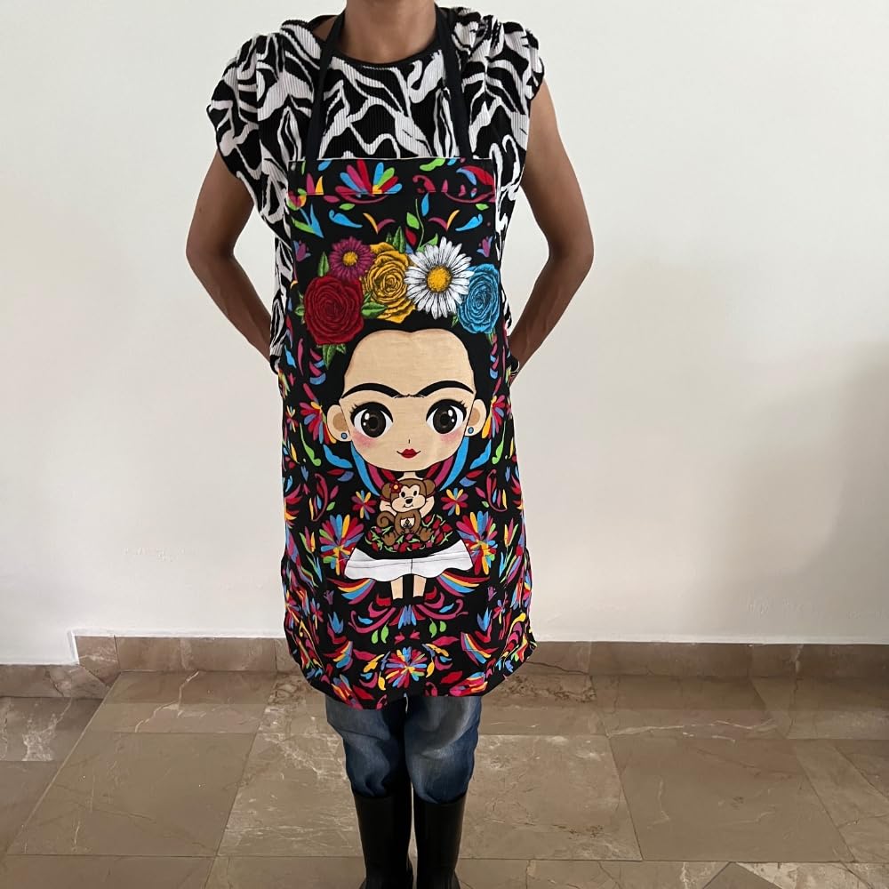 Mexican Themed Apron - 100% Cotton, Liquid Repellent, Durable, with Pocket - Ideal for Kitchen, Painting, Cleaning, Crafts (Otomi)