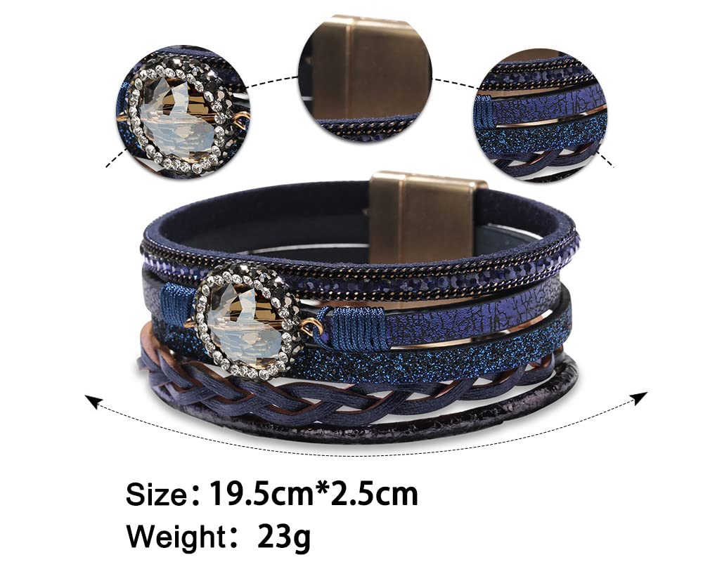 Leopard Bracelet for Women, Boho Leather Wrap Multi-Layer Pearl Crystal Bracelet Bangle Jewelry(Crystal Leather(Blue))
