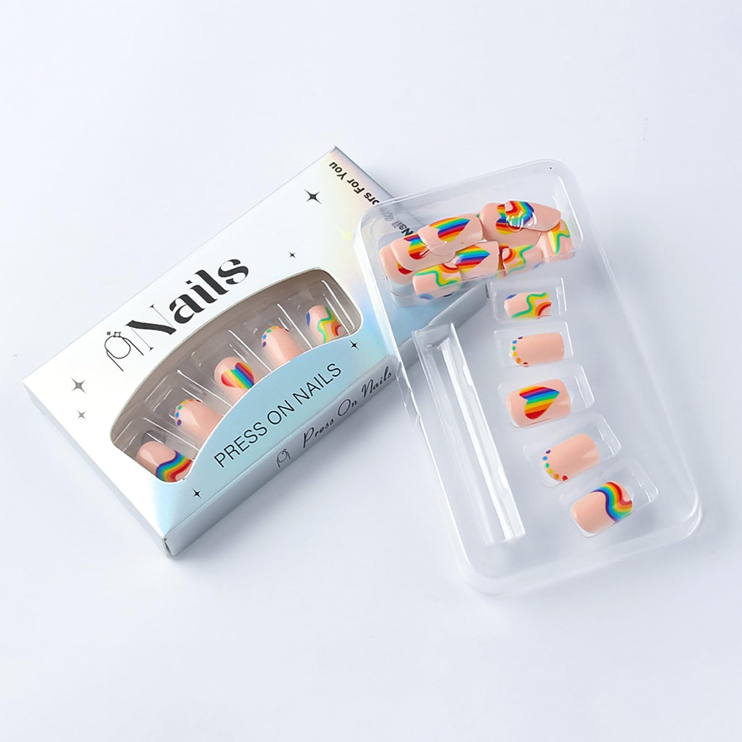 Rainbow Stripe Press on Nails Short Square Fake Nails with Colorful Heart Polka Dot Design Summer Press on False Nails Glossy Stick on Nail Reusable Artificial Glue on Nail for Women 24Pcs