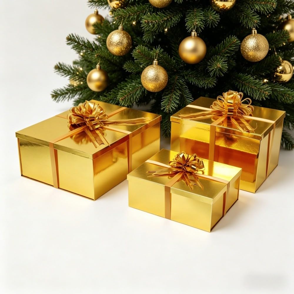 UoeRing Gold Large Gift Box 1Pcs 15x12x6 inch,luxury Gift Box with Lid for Birthday Christmas Valentine's Day Mother's Day (Includes Pull Bows,Card,Envelope,Filler)