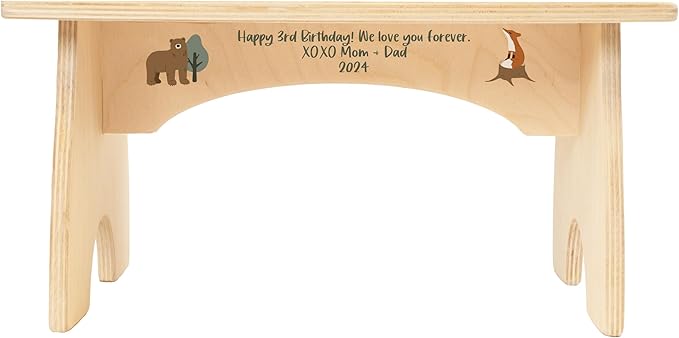 Woodland Step Stool for Toddlers- Personalized Wood Kids Step Stool with Name for Kitchen Sink, Bathroom, Potty Training, Toilet, Kitchen Sink- Sturdy and Safe- Made in USA by BloomOwl (Woodland Bear)