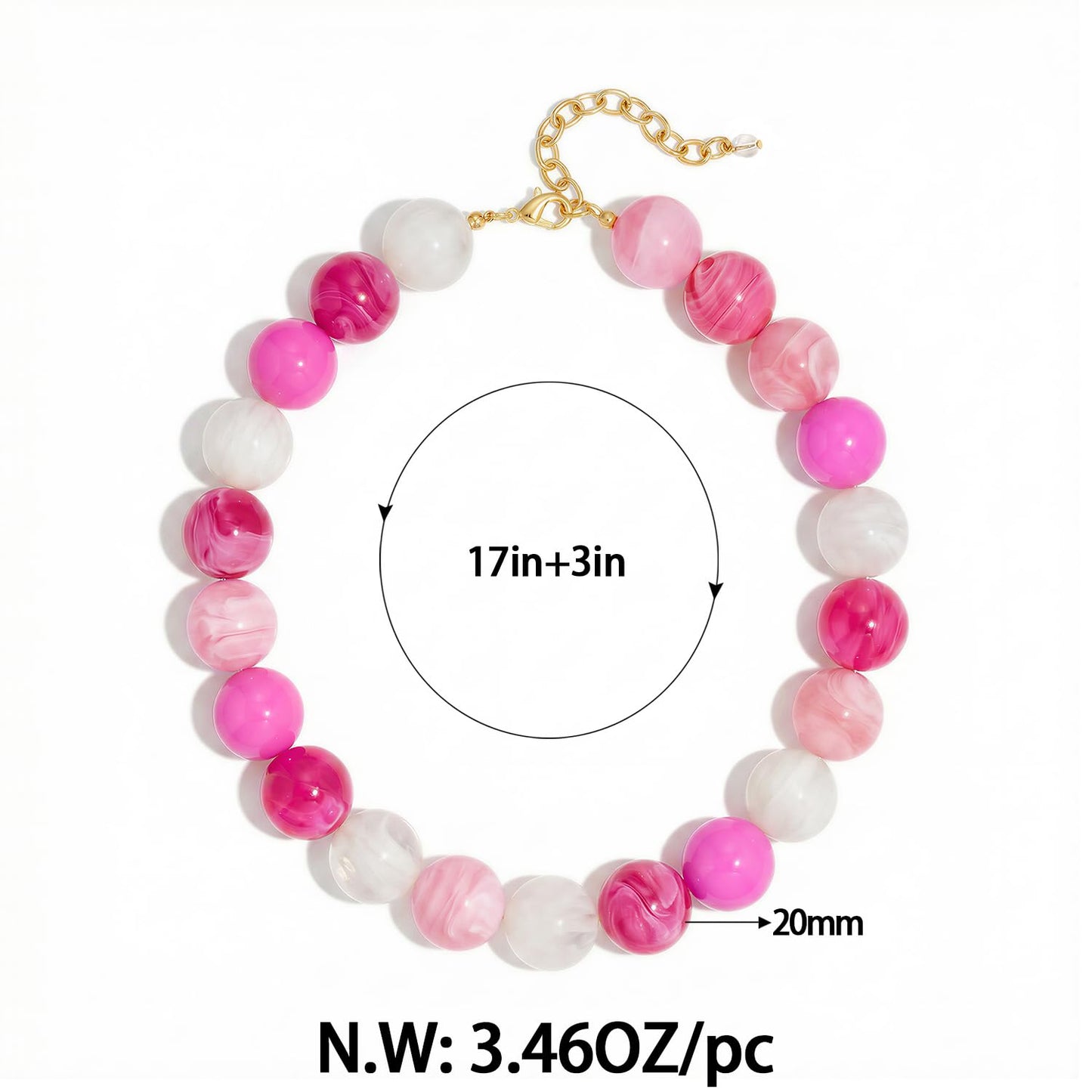FAUTHENTICUTE Chunky Pink Necklace for Women Large Pink Tone Beaded Necklace With Adjustable Extender Chain Cute Bead Choker Statment Boho Summer Beach Jewelry
