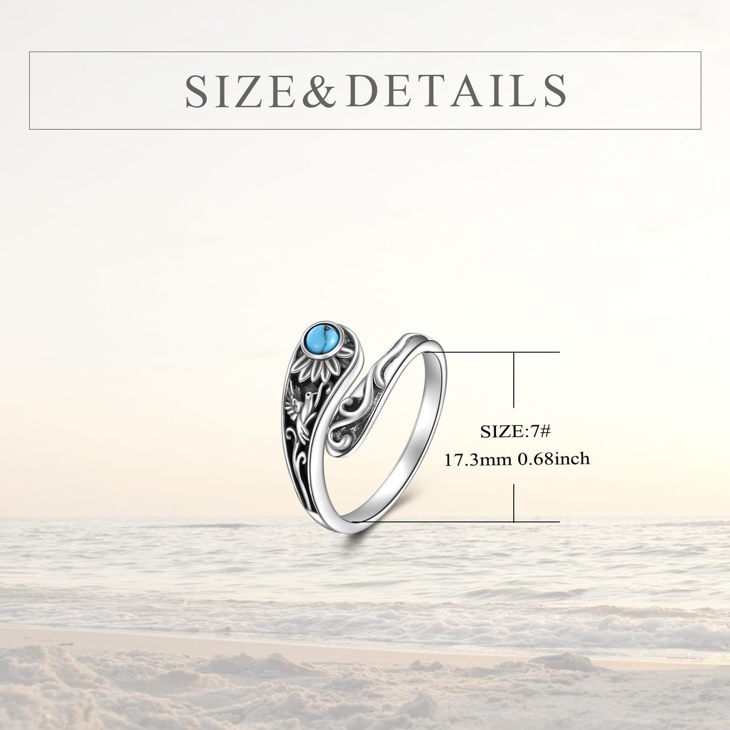 POPLYKE Sterling Silver Hummingbird Turquoise Spoon Ring Vintage Thumb Rings Boho Adjustable Open Ring Statement Jewelry Gifts for Women