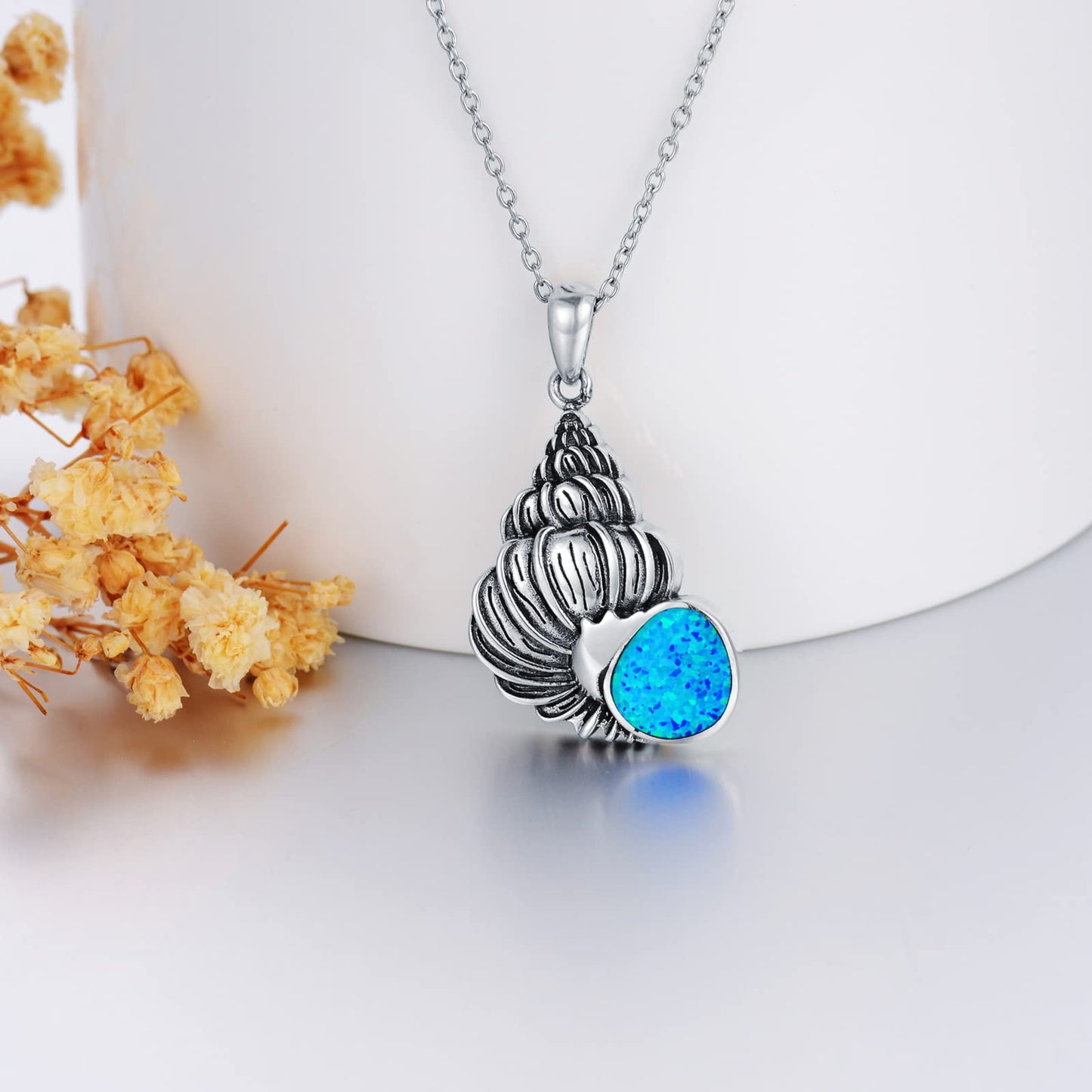 PROESS Conch Seashell Necklace Sterling Silver Blue Opal Conch Pendant Necklace Ocean Jewelry Gifts for Men Women