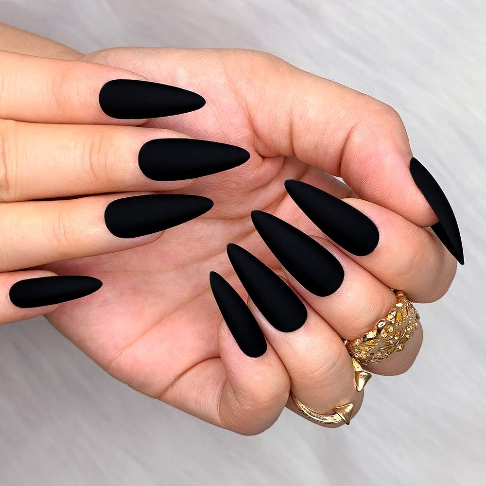 Morily Press-On Nails Bundle | Black Stiletto Matte & Wine Red Stiletto Matte | 24Pcs Each Set, Medium Length Long False Fake Nails