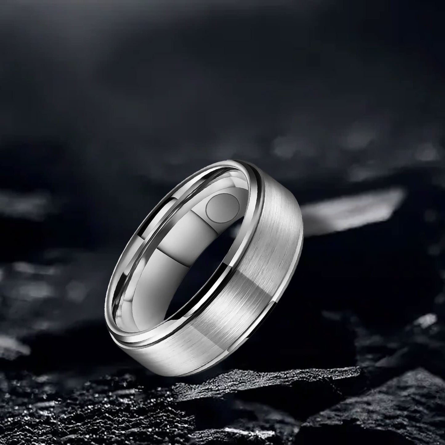 JEROOT 8mm Black Titanium Magnetic Ring for Men, 5mm Silver Pure Titanium Magnetic Ring for Women, Healing Ring with 3500 Gauss Magnets for Jewelry Gifts