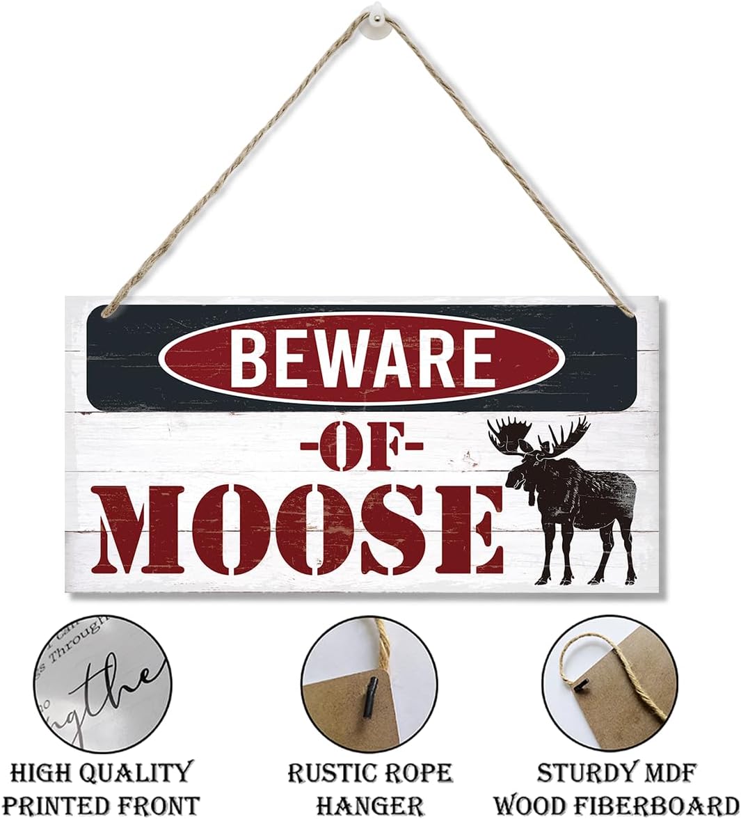 Vintage Moose Warning Sign - Decorative Wooden Plaque for Cabin, Lake House, Farmhouse Wall Decor