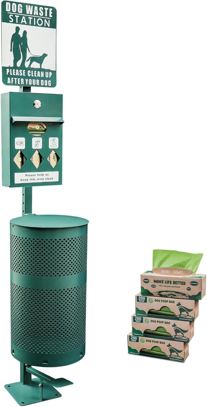 Hands-Free Dog Waste Station Outdoor with Pedal - Dog Waste Disposal System for Park & Trails - Rust Proof Doggie Station - Night Glowing Sign | 800 Pet Waste Bags & 100 Can Liners (Black)