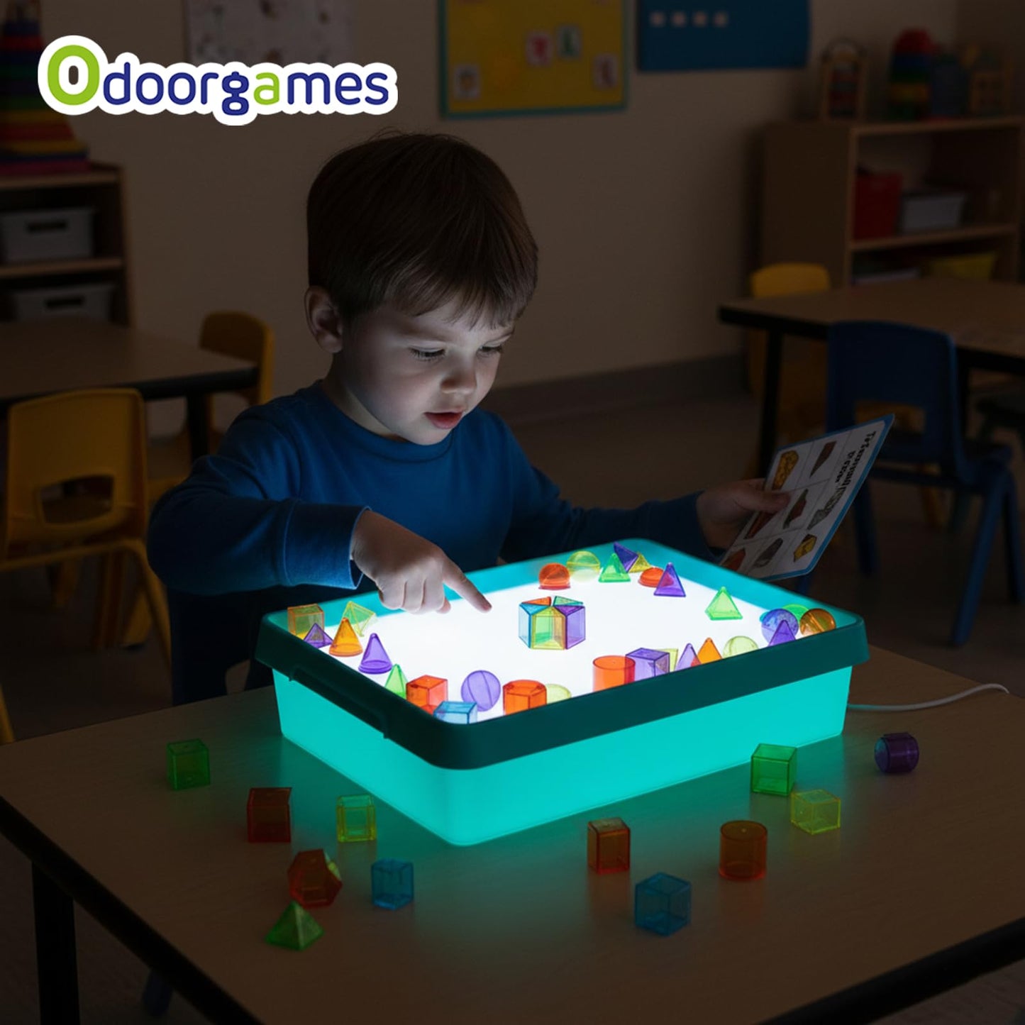 Odoorgames Light Box with Shapes & Cards Set – Light Table for Kids, Educational Toys for Tracing, Sensory Play & Early Learning (Cyan)