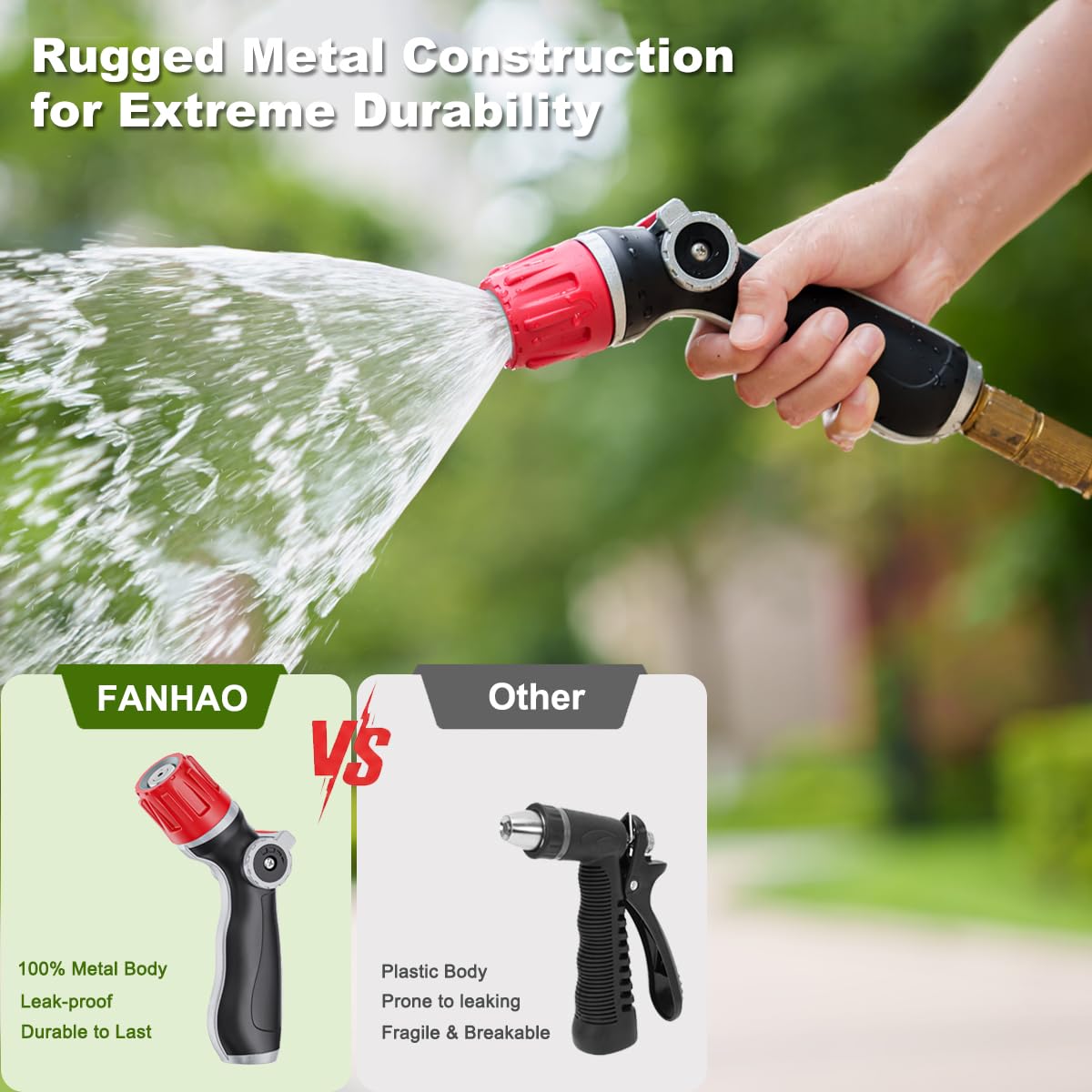 FANHAO Metal Thumb Control Adjustable Nozzle with 30% Higher Water Flow, Heavy Duty Garden Hose Nozzle High Pressure Water Nozzle, Adjustable Spray Patterns for Lawn Watering, Car Washing, Cleaning