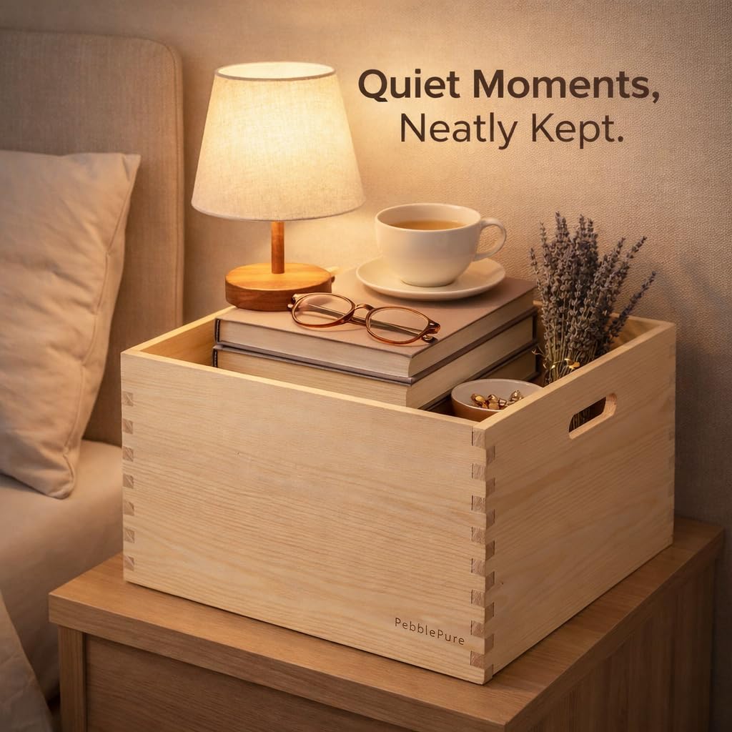 PebblePure Set of 3 Large Wood Storage Crates (Up to 14.5"x14"x10"), Fully Assembled, Seamless Dovetail Unfinished Farmhouse Solid Natural Nesting Wood Crates for Home Office Retail Display