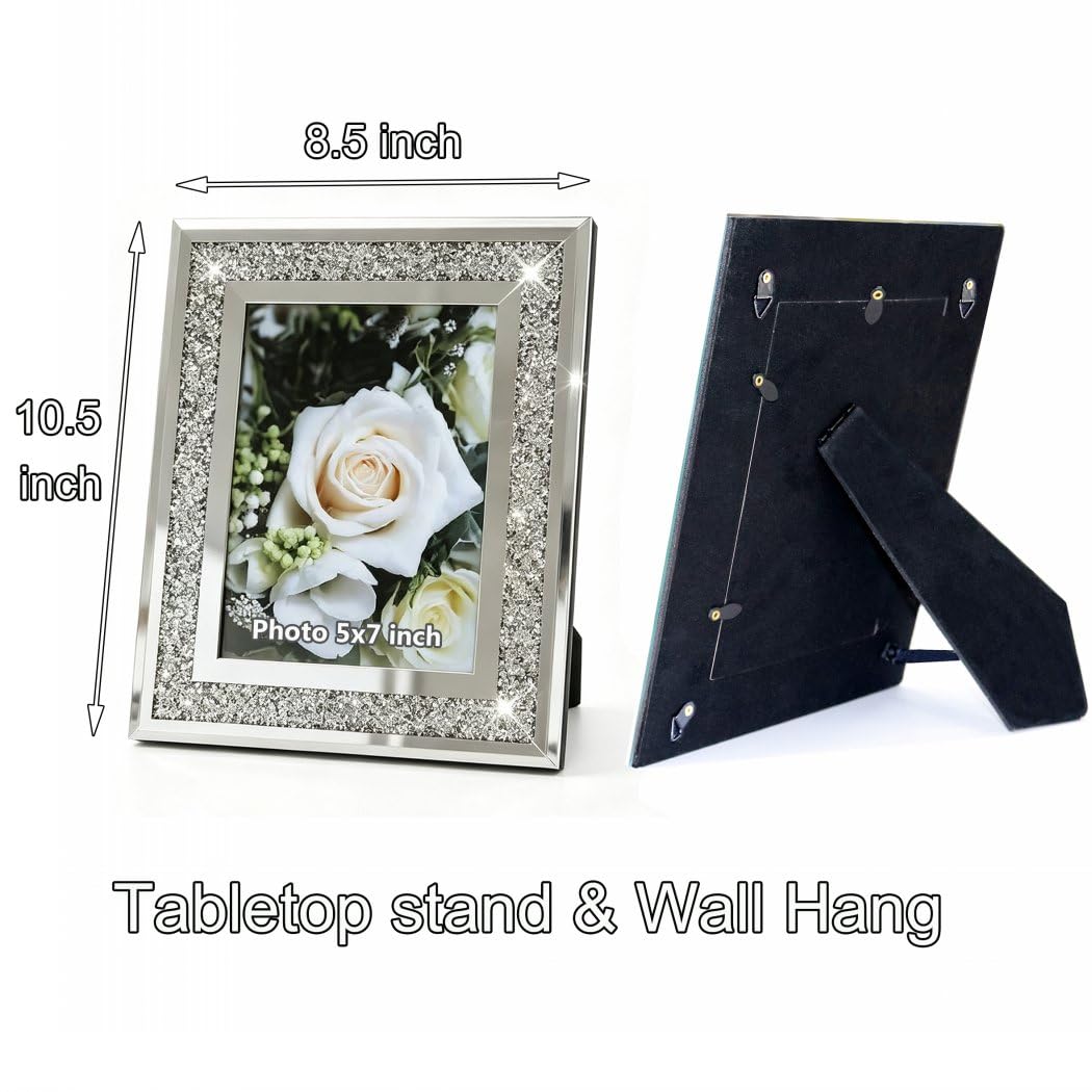 ALLARTONLY Crush Diamond Mirror Photo Frame In Bling Sparkle Crystal Silver Glass Finish, For Picture Size 5x7 inch, Pack of 2 Piece, table top Stand frame & Wall Frame