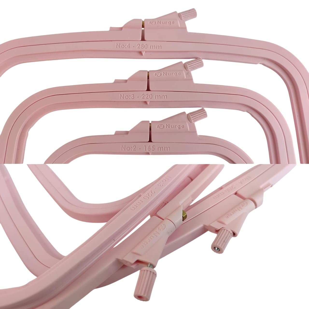 Nurge Square Embroidery Hoop - Plastic Cross Stitch Frame for Needlepoint & Embroidery - Adjustable Craft Hoop - Pink - Set of 3