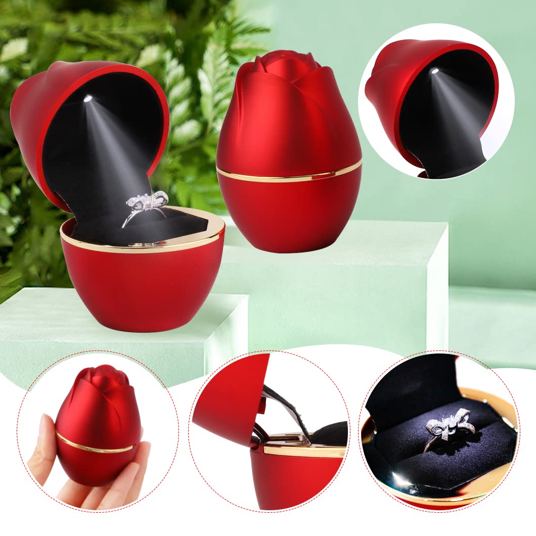 Rolin Roly Red Ring Box with LED Light Rose Jewelry Ring Case Jewellry Display Gift Boxes for Mother's Day Wedding Ring Box Ceremony Engagement Proposal Anniversary