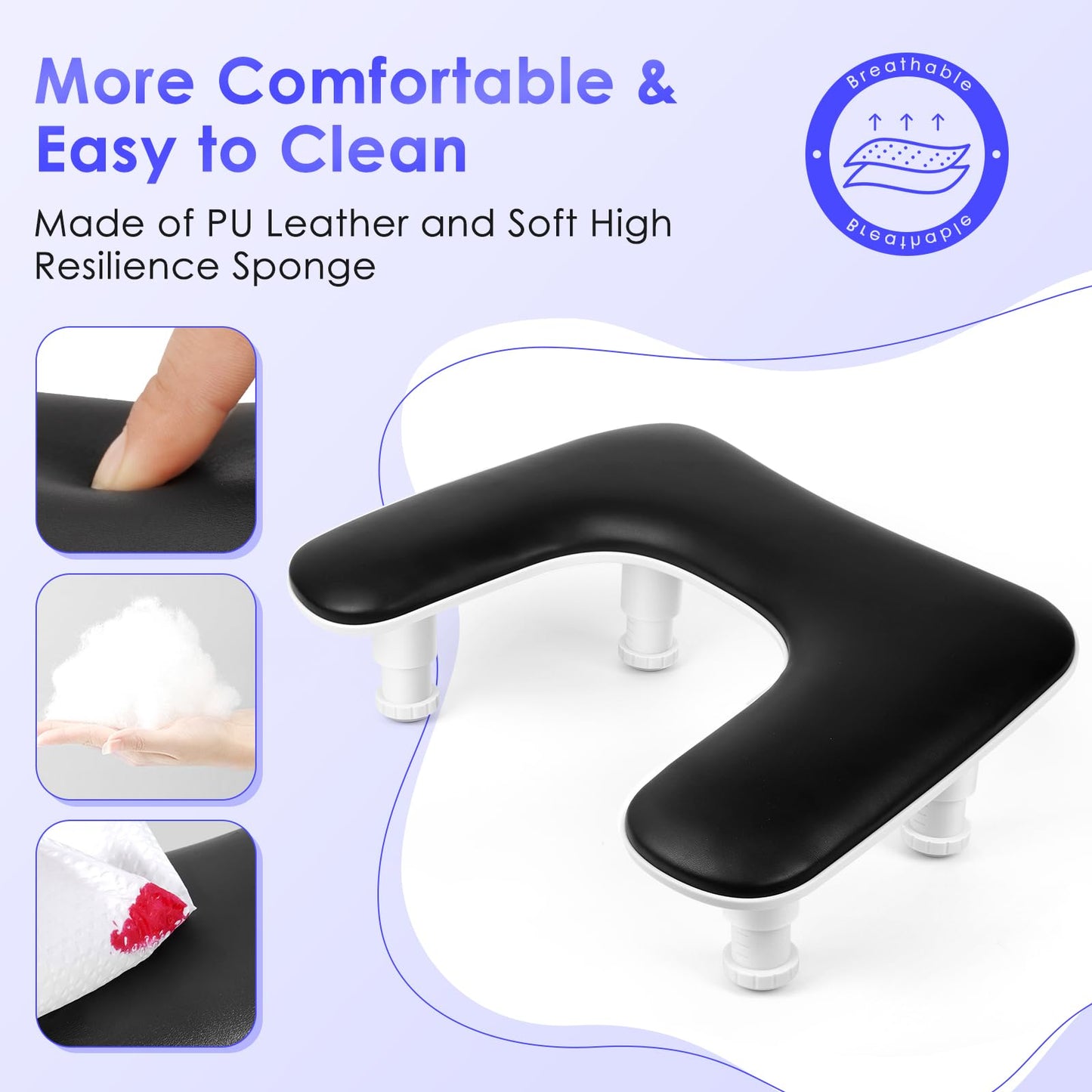 Manicure Arm Rest for Nails Tech: U-shaped Adjustable Nail Armrest - Black PU Leather Hand Stand Rest for Manicurists