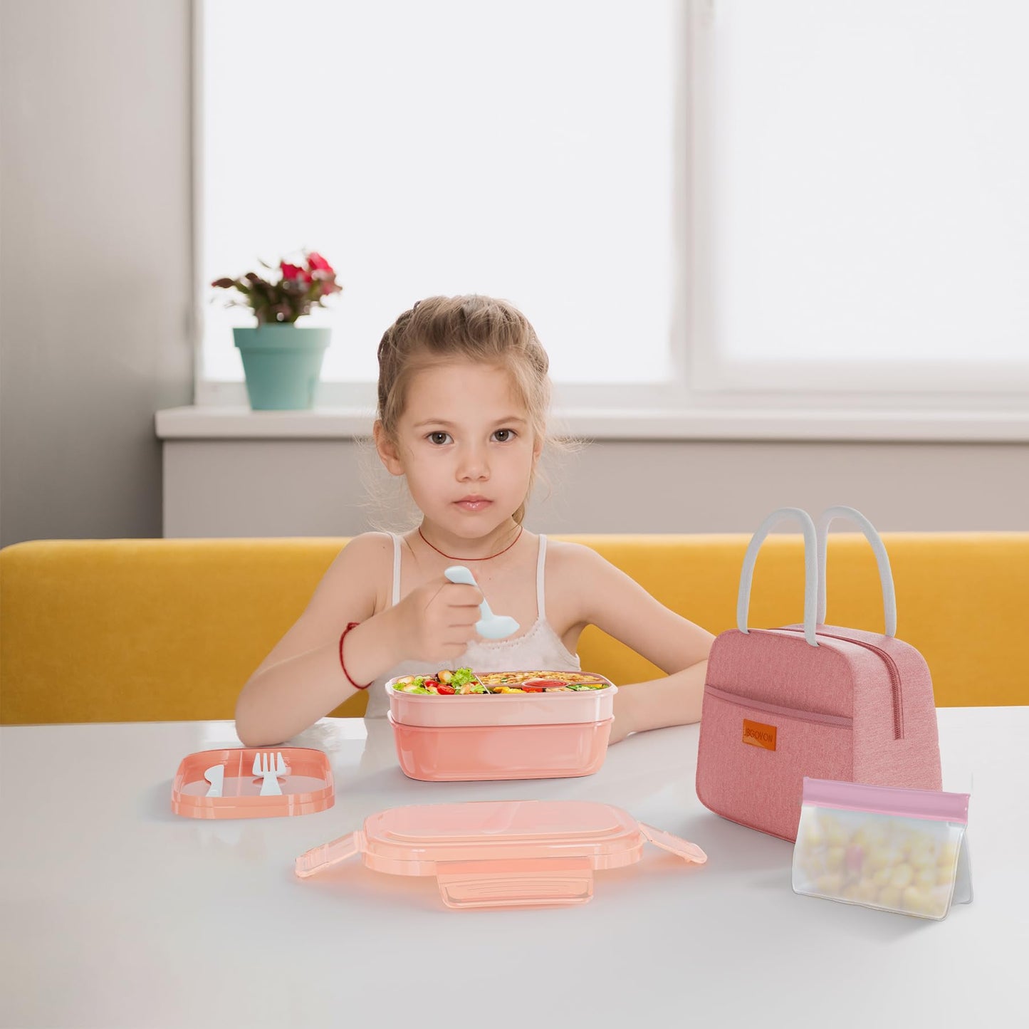 JBGOYON® Bento Lunch Box Set - 3 Stackable Containers for Adults and Kids,lunch box for women- Includes Lunch Bag, Leak-Proof and BPA-Free - Built-in Utensil Set - Dishwasher Safe (Pink)