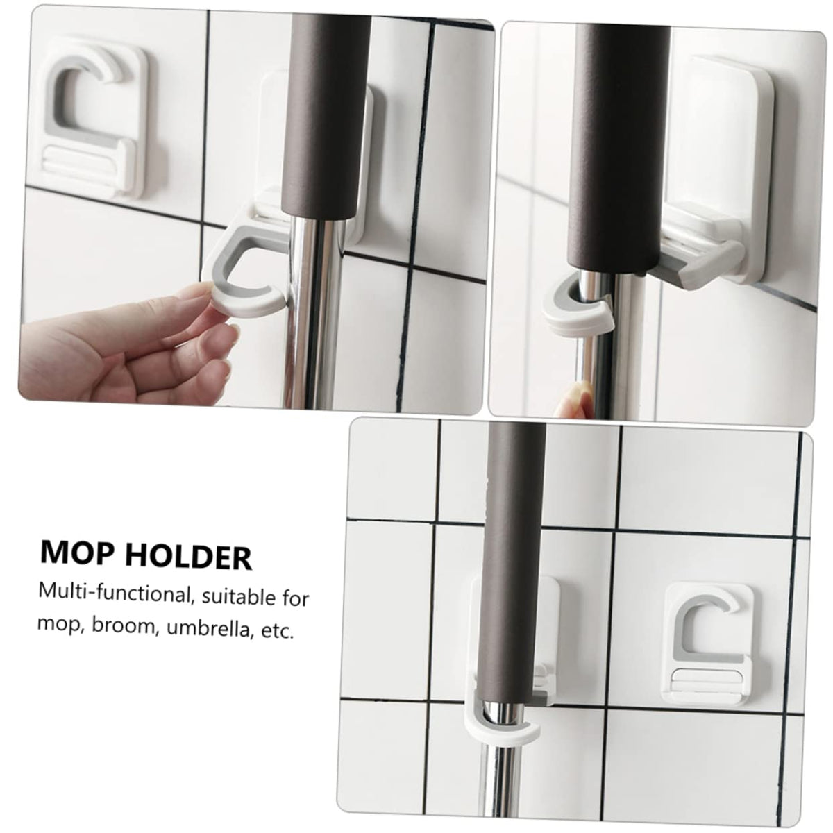3pcs Punch Mop Holder Wall Mounted Broom Hooks Material Heavy Duty Adhesive Mop Clips for Neat Household Storage