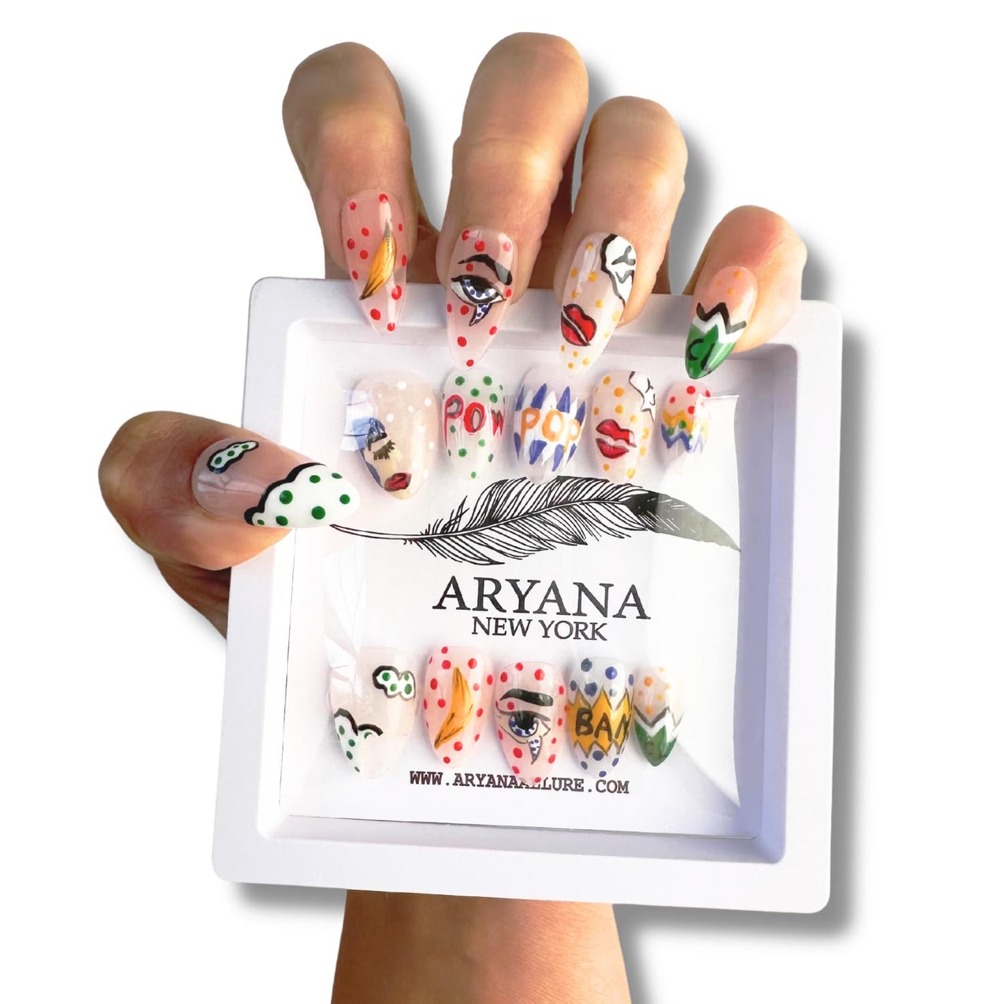 Handmade Press on Nails 3D Almond Fake Nails Clear Press on False Nails with Hand Painted Pop Art Design with French tips Fall Nails for Women 10 PCS Handcrafted - Pop Art Collection - (Small)
