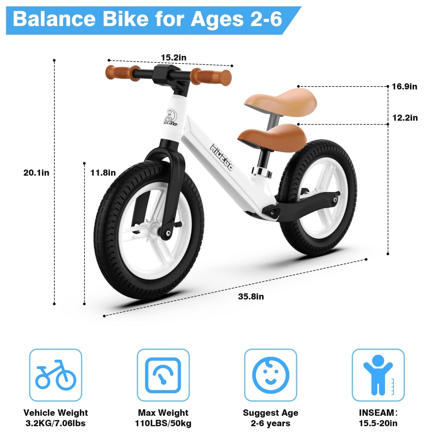 Ridego 12 Inch Balance Bike for Kids 2-4 Year Old,Lightweight Kids Bike with Adjustable Seat, Toddler Bike with Air Rubber Tires,Ride-on Toys Birthday Gift