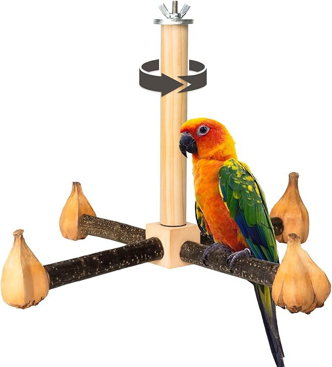 Agape Rotating Parrot Perch with Chew Toy, Wooden Stand for Small Birds