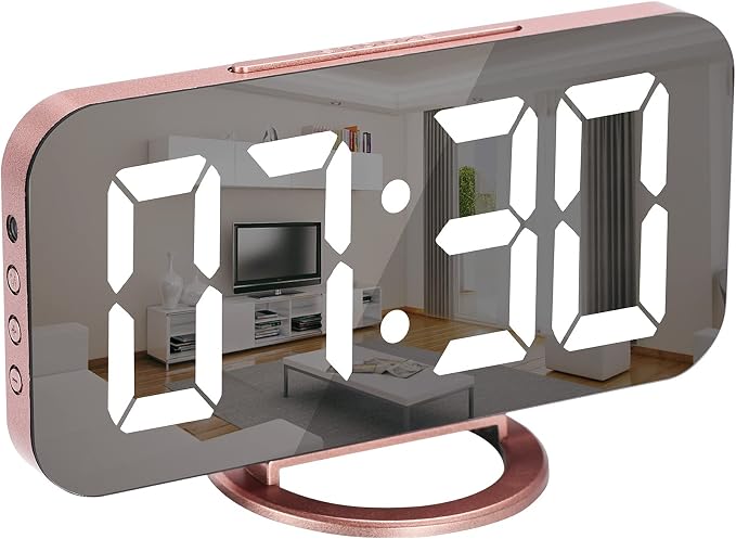 SZELAM Alarm Clock for Bedroom,LED and Mirror Digital Clock Large Display,with Dual USB Charger Ports,Auto Dim,Snooze Mode,Modern Desk/Wall Electronic Clock for Girl Woman Mom Teens - Rose Gold