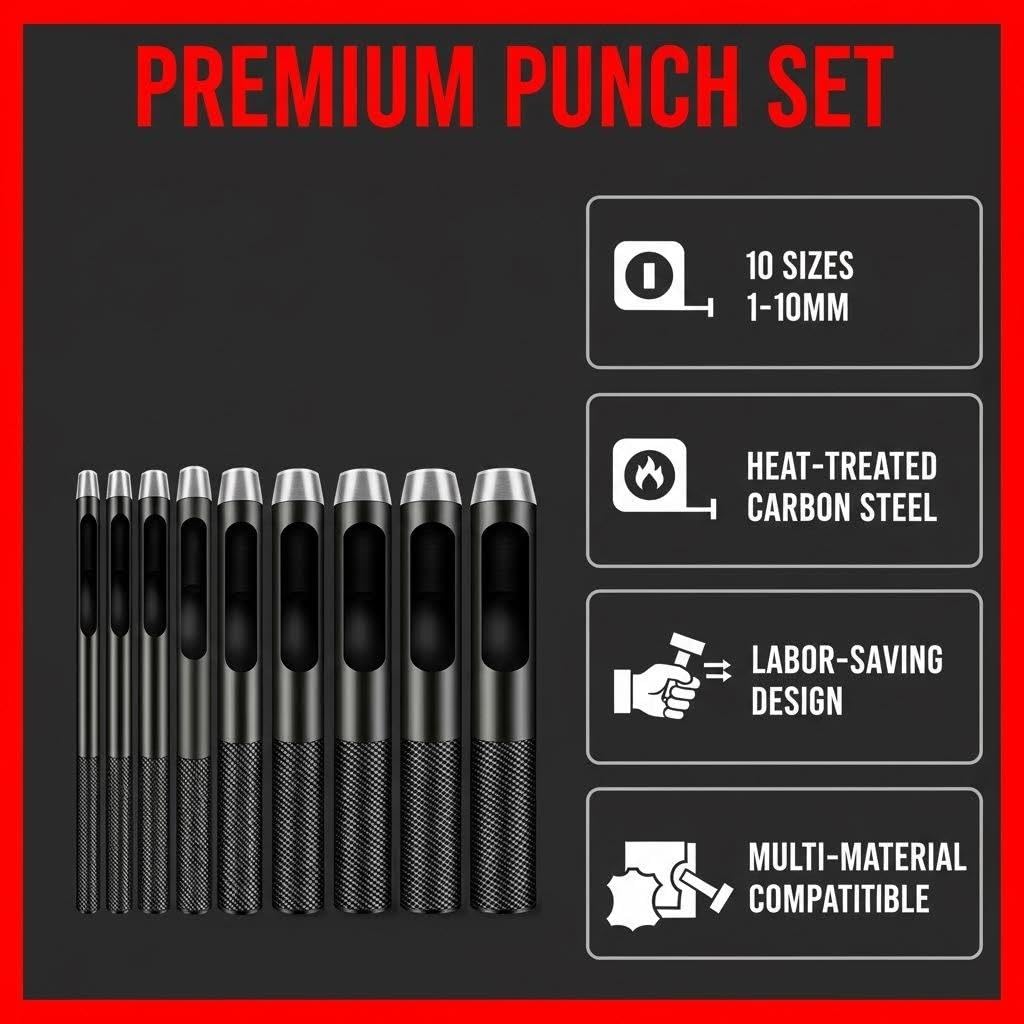 IRISFLY 10pcs Round Steel Leather Craft Hollow Hole Punch 1mm to 10mm for Leather Belt Watch Band Gasket