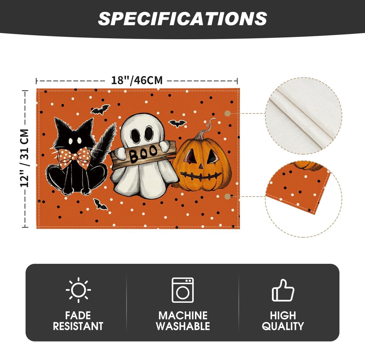 Artoid Mode Orange Polka Dot Ghost Pumpkin Cat Boo Halloween Placemats Set of 4, 12x18 Inch Seasonal Table Mats for Party Kitchen Dining Decoration