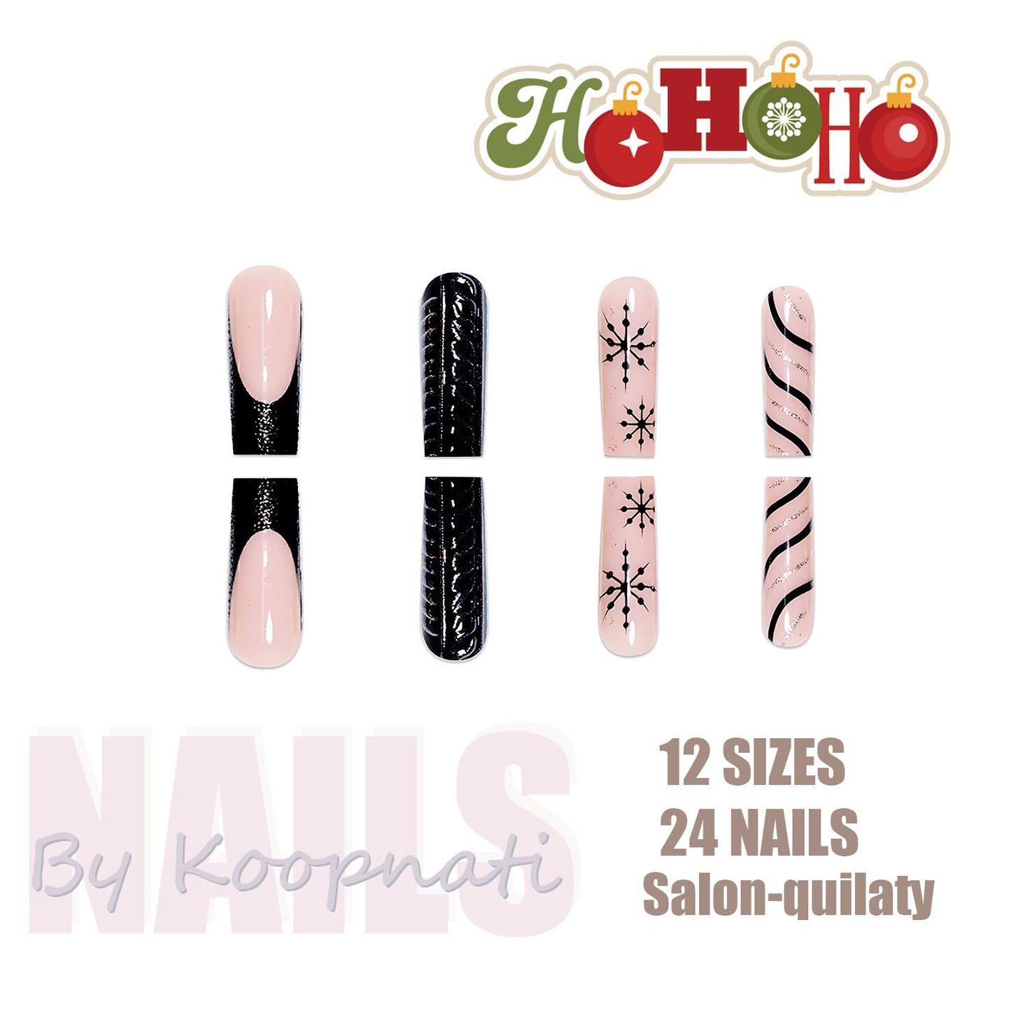 Christmas Press On Nails Medium Square Black French Tips Nails with Glue Winter Snowflake Design,Christmas Nails Long False for Women Holiday Xmas Gifts