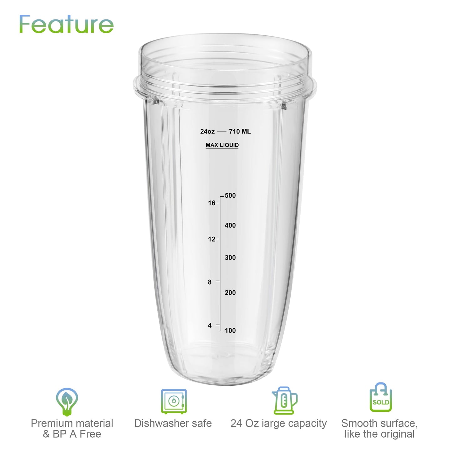 Blender Replacement Parts for Ninja, 24oz Ninja Blender Cups with To-Go Lids, 7 Fins Extractor Blade, Compatible with Nutri Ninja Auto iQ Blenders BL2012 BN801 BL480-30 BL640-30 BL642-30 NN100-30