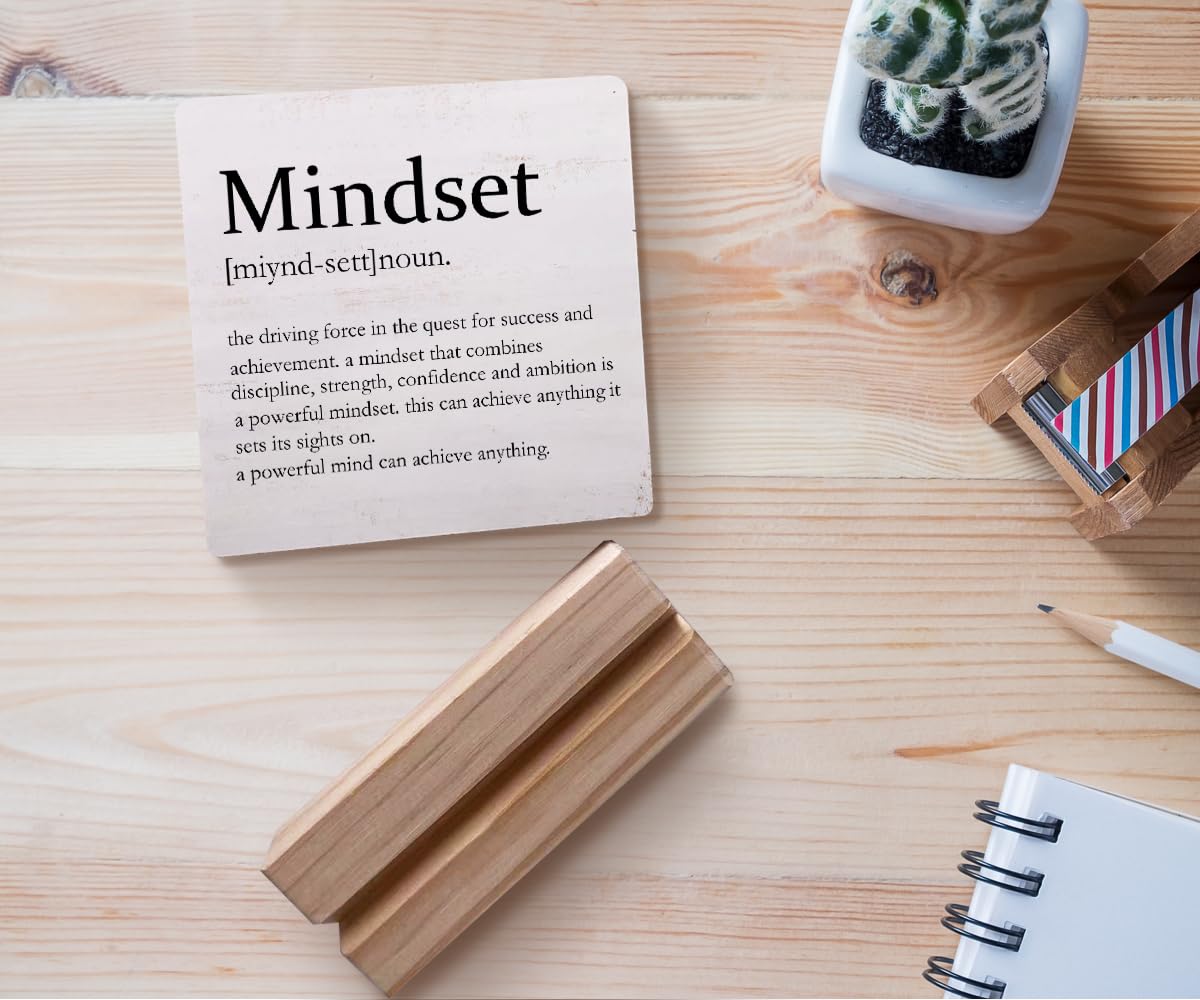 Mindset Definition Wood Plaque with Wooden Stand,Motivational Wooden Plaque Sign Desk Decor for Home Office Table Shelf Decorations