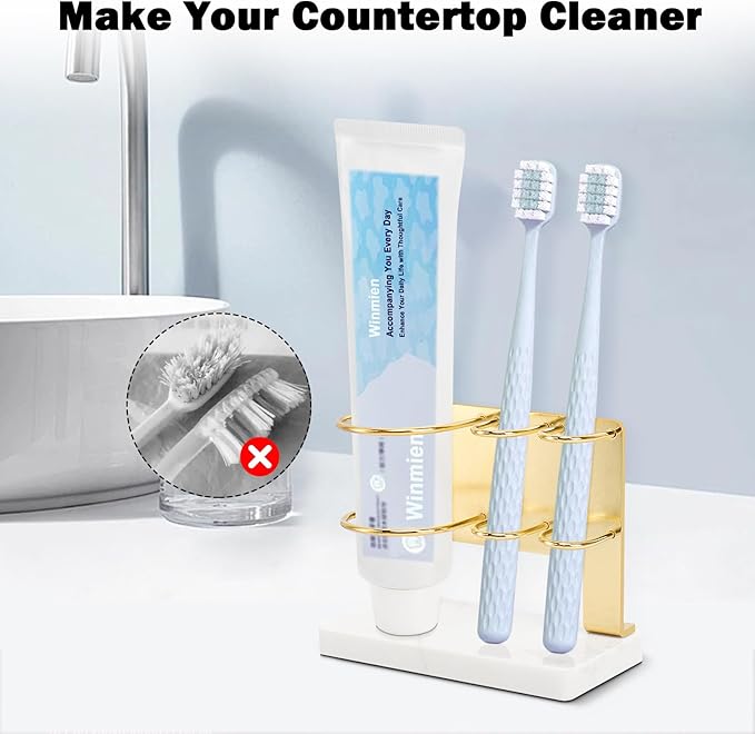 Toothbrush Holder for Bathroom Counter, Metal Toothbrush and Toothpaste Holder Stand with Marble Base for Bath Organizer Countertop, 3 Slots (Gold)