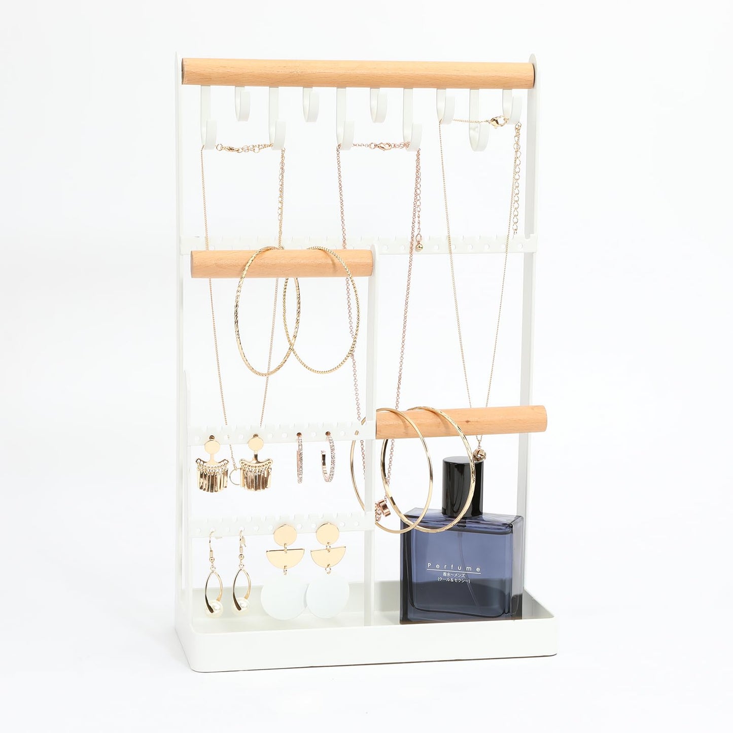 V-LAFUY Jewelry Holder Organizer, 4 Tier Necklace Holder Jewelry Tower with 10 Hooks 88 Holes, Jewelry Stand Organizer Storage Bracelets Earrings Rings Watches - Elegant White