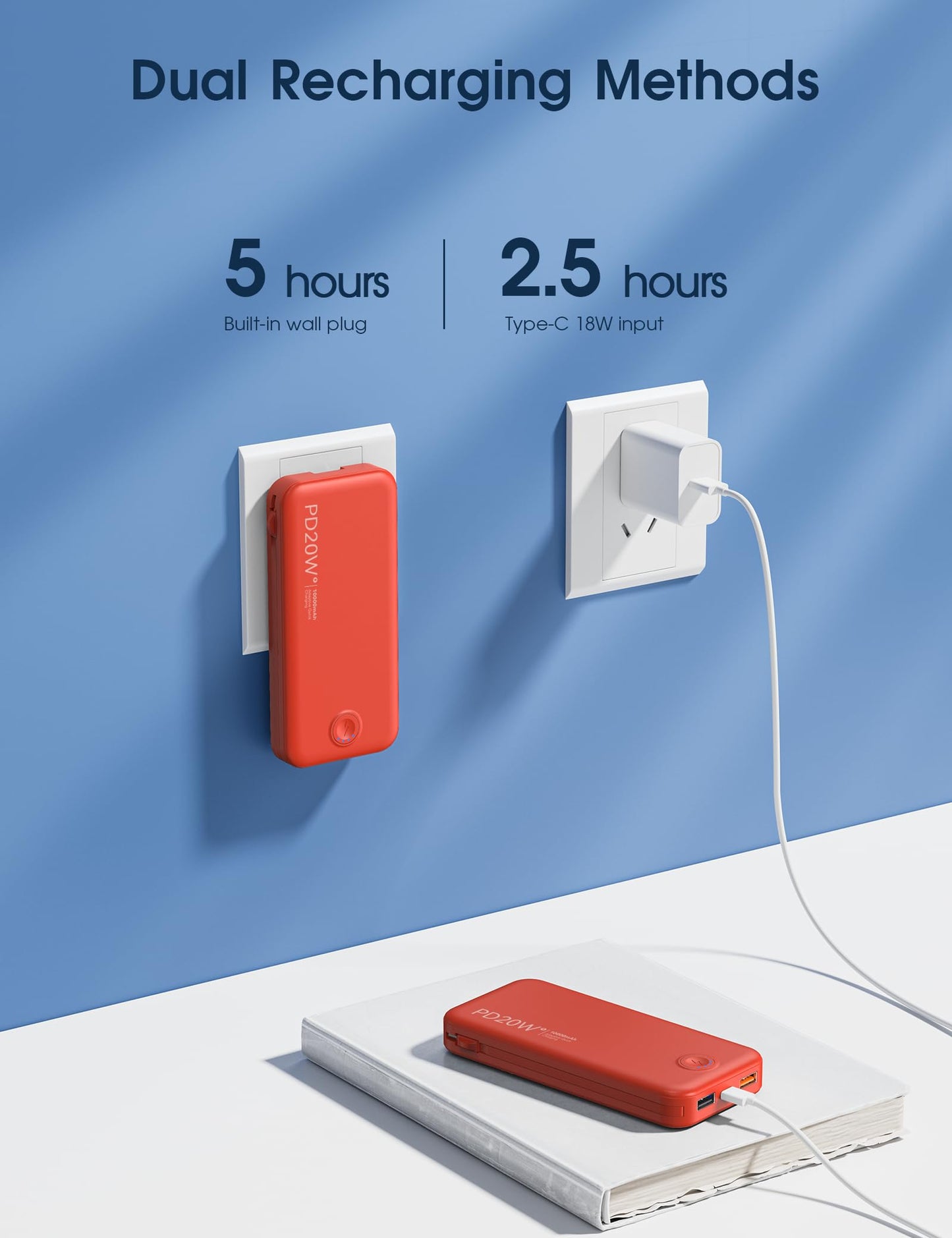Nusyddy Portable Charger, 10000mAh PD20W Fast Charging Power Bank with Built-in Cables & Wall Plug, Travel Essentials External Battery Pack, USB C Battery Phone Charger for iPhone, iPad, Samsung Red