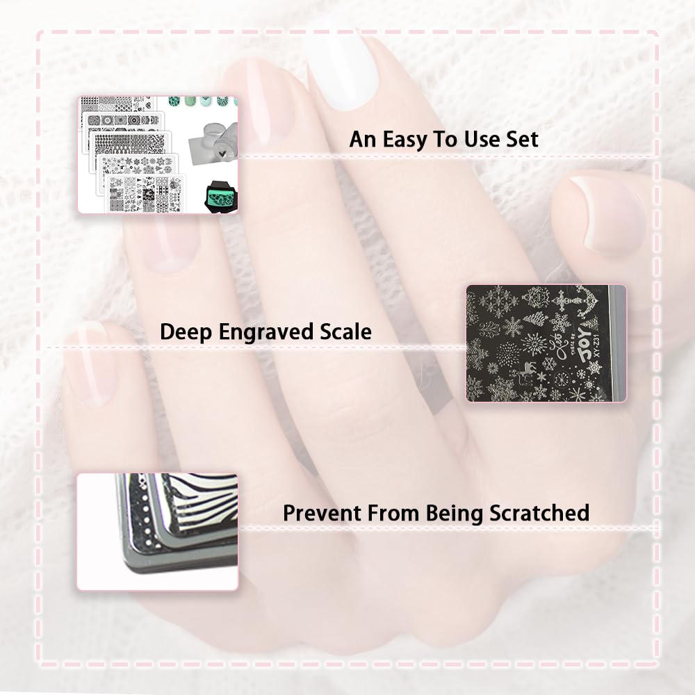 Beauty Leader Nail Art Stamping Template Mix Design 7Pcs Image Plates with White Plastic Plate Holder+1 Pcs Square Rubber Stamper DIY Nail Art Image Stamp Plate(26-32)