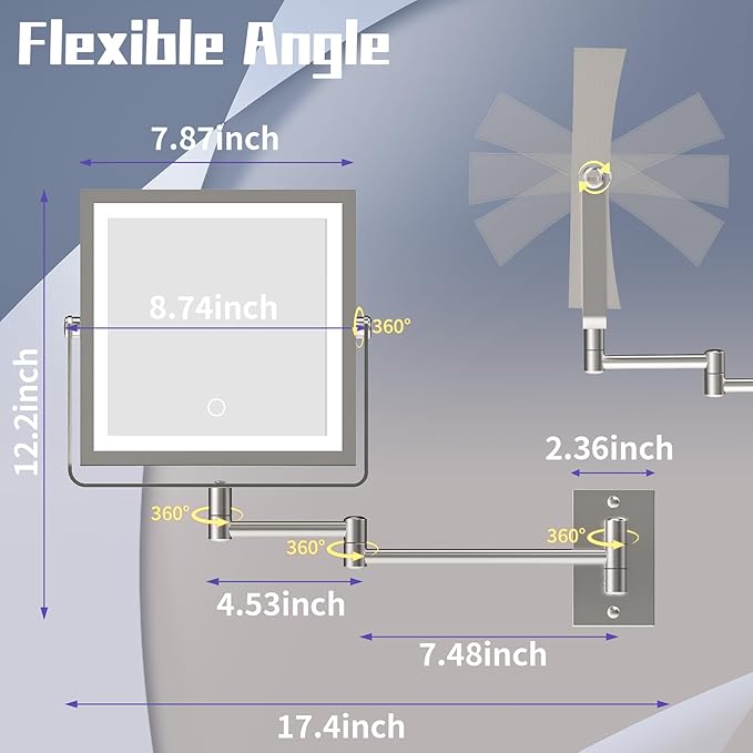 Wall Mounted Makeup Mirror with Lights 4000mAh Rechargeable Double Sided 1X/10X Magnifying Lighted Vanity Mirror with 3 Color Lights & Touch Dimmable 360° Rotation Extension Swing Arm for Bathroom