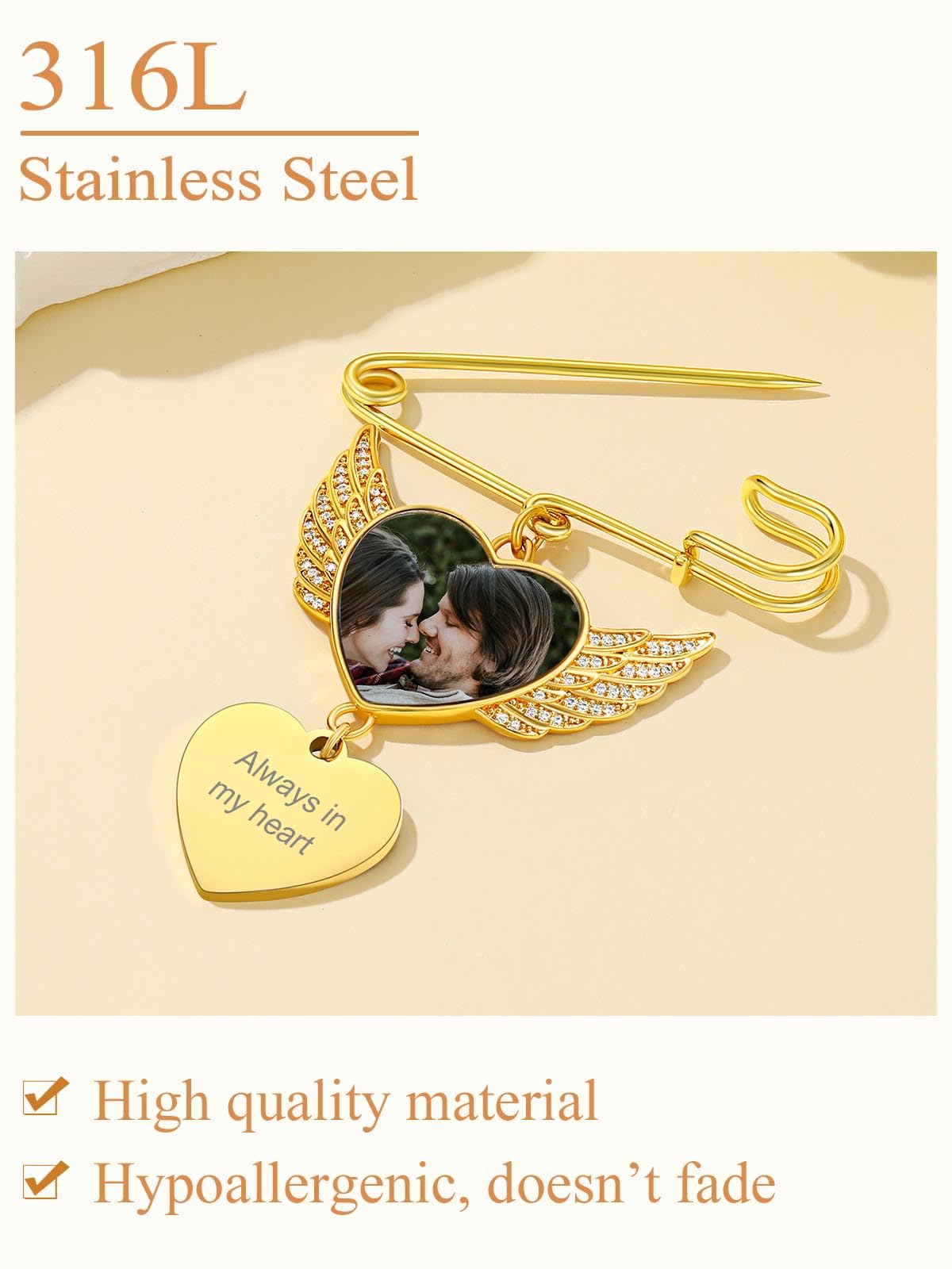 Custom4U Pictures Personalized Angel Wings Brooch with Cubic Zircons for Weddings Funeral Ceremonies