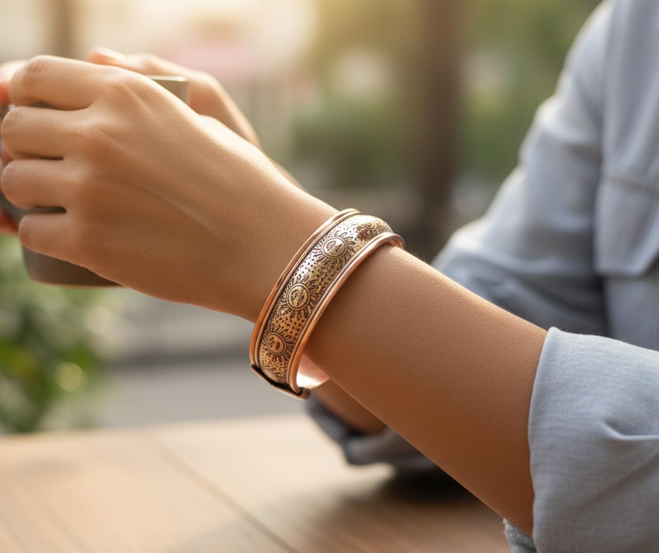 Touchstone handcrafted magnetic copper bracelet. Hand forged with solid and high gauge Tibetan style engraved cuff pure copper jewelry for women men. Sun Inspired