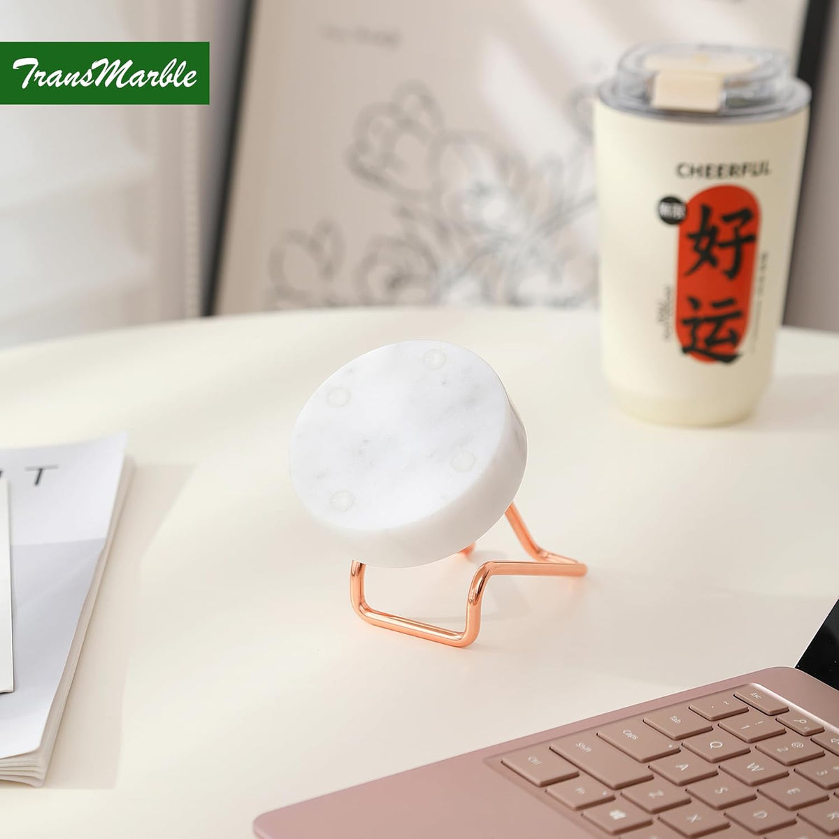 Marble Phone Stand with Metal Holder, Charging Available While Using, Swipe Up to Unlock, Made of Natural Marble as Business Card Holder for Office Desk (Starry White + Rose Gold)