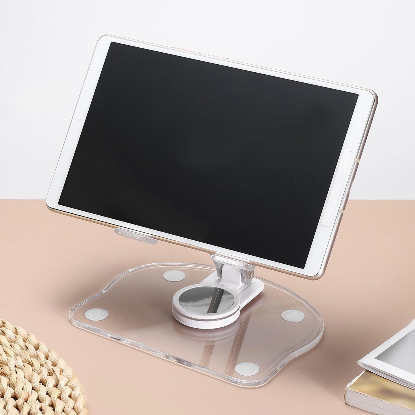PATIKIL Acrylic Tablet Stand, Acrylic Tablet Holder Adjustable Foldable Portable Clear Cute with 360 Degree Rotating Base for Desk Home Office Women Gifts, White