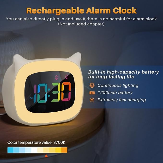 Cute Cat Ear Alarm Clock with RGB 7 Color Night Light,White